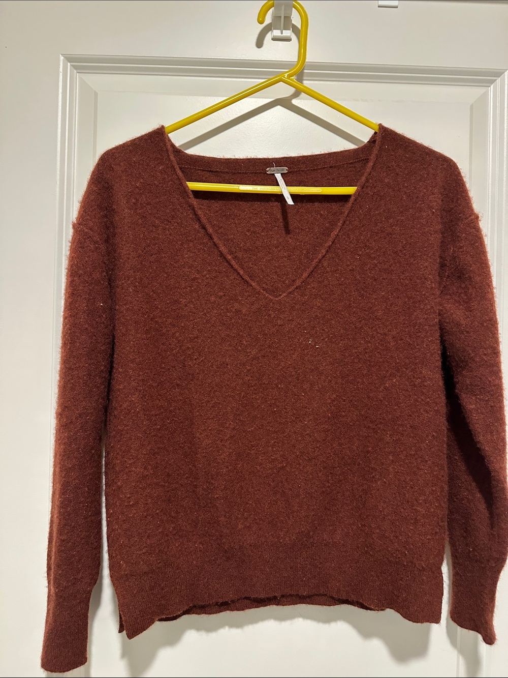 Free People Fuzzy V-Neck Sweater in Rust